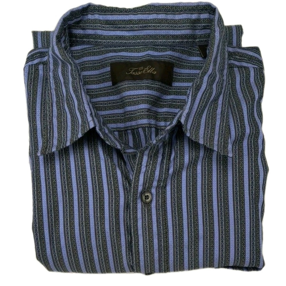 Tasso Elba Mens XL Blue Black Striped Long Sleeve Button Down Cotton Shirt